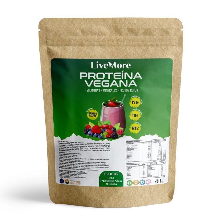 Proteína vegana orgánica con frutos rojos y vitaminas - 600g - LiveMore