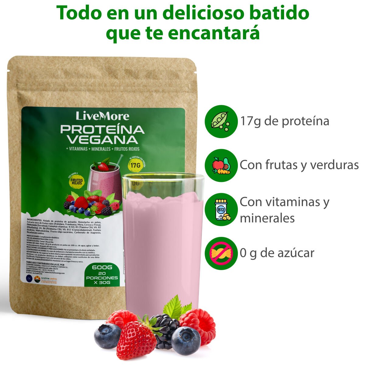 Proteína vegana orgánica con frutos rojos y vitaminas - 600g - LiveMore