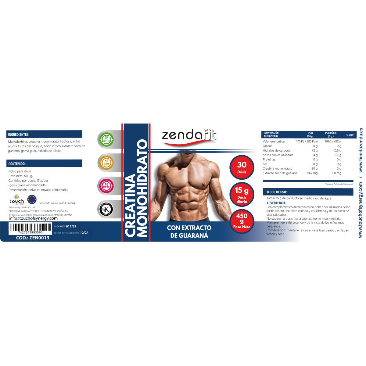 Creatina Monohidrato (con extracto de guaraná y sabor frutos del bosque) - 450 gramos - Imagen 2