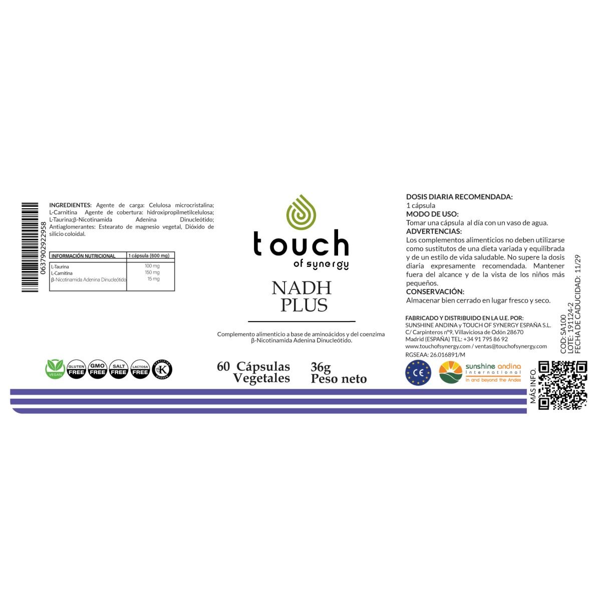 NADH PLUS β-Nicotinamida Adenina Dinucleótido, Carnitina y Taurina. 60 cáps