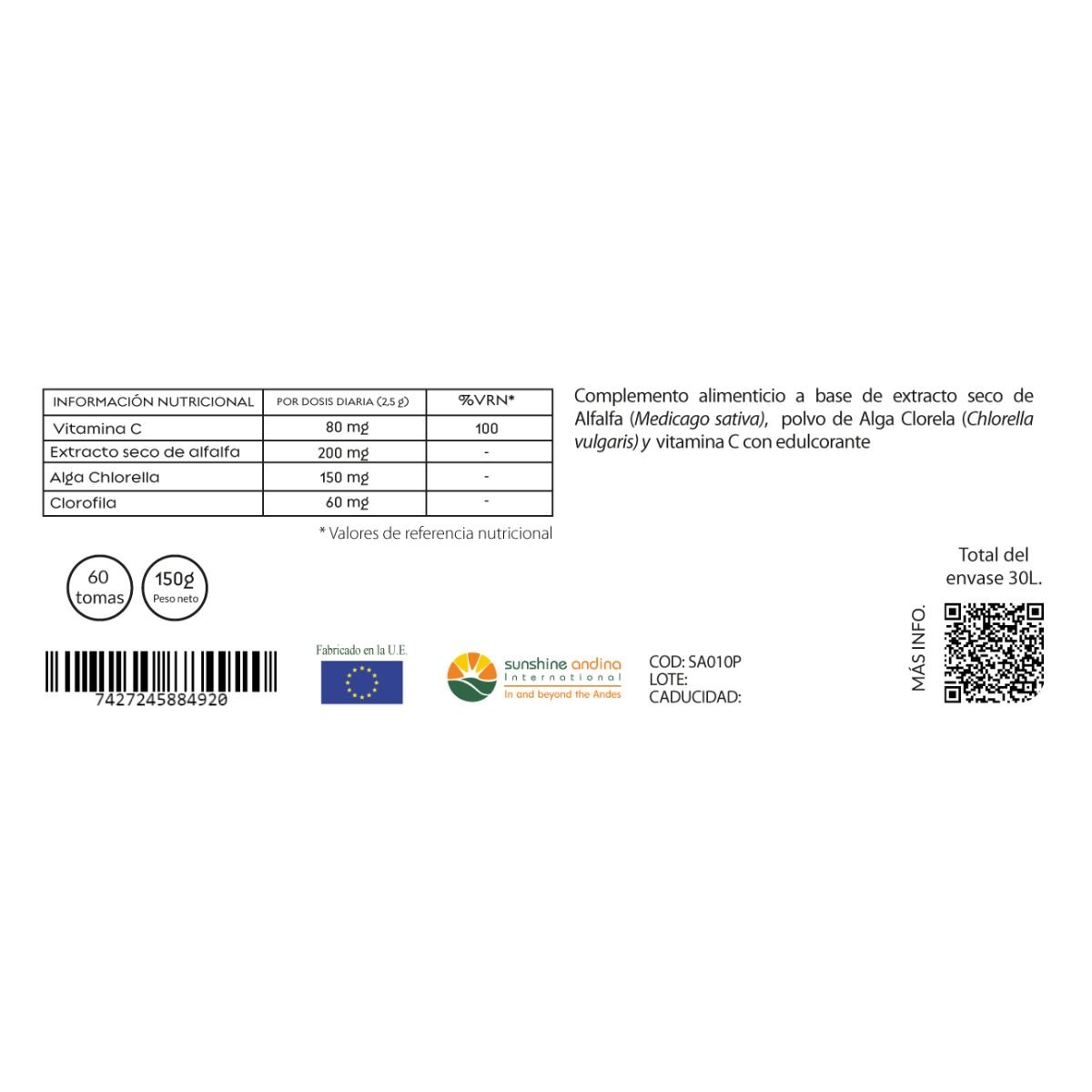 Clorofila de Alfalfa y Clorella – Bolsa 150 gramos