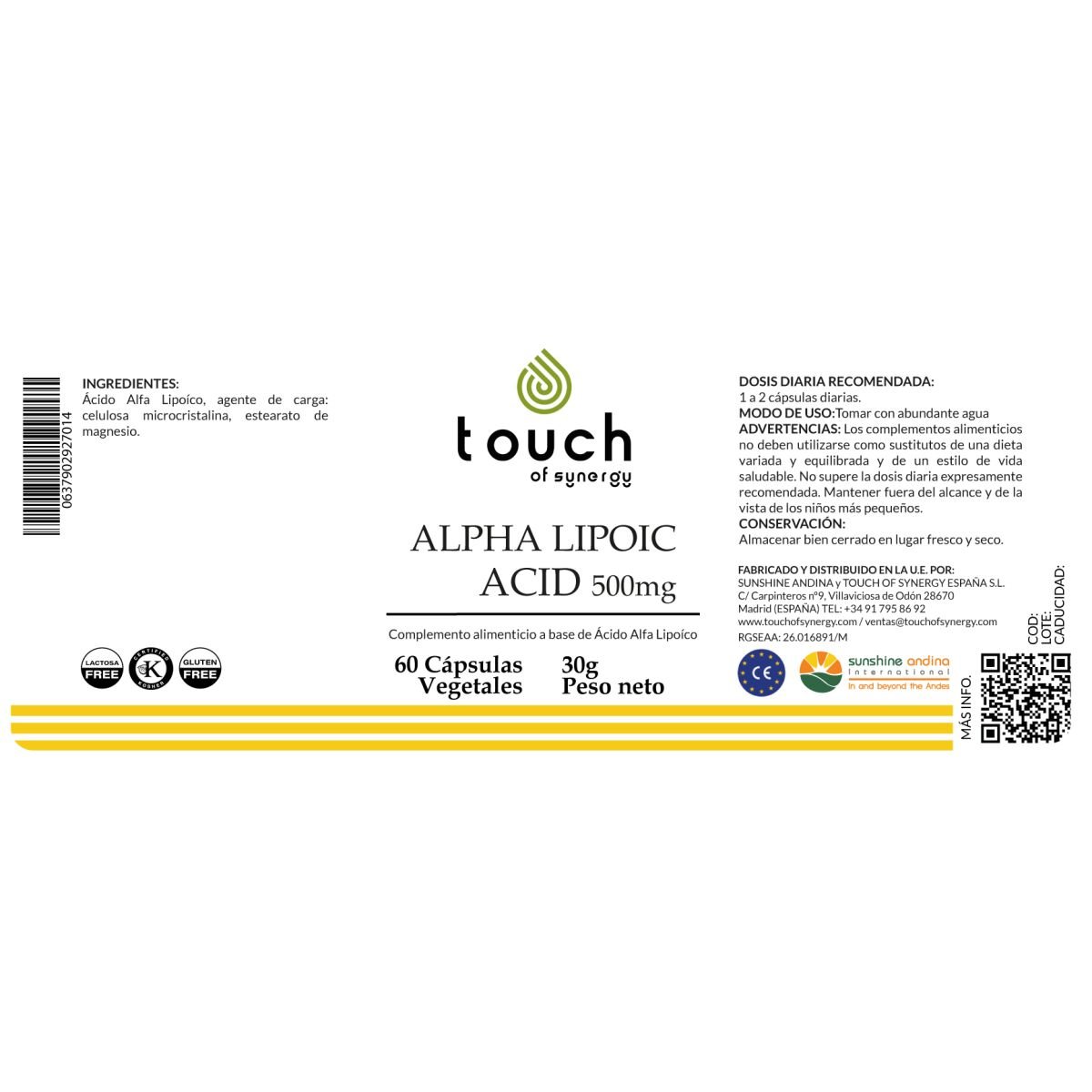 Ácido Alpha Lipoico 500mg 60 cápsulas vegetales (genera energía)