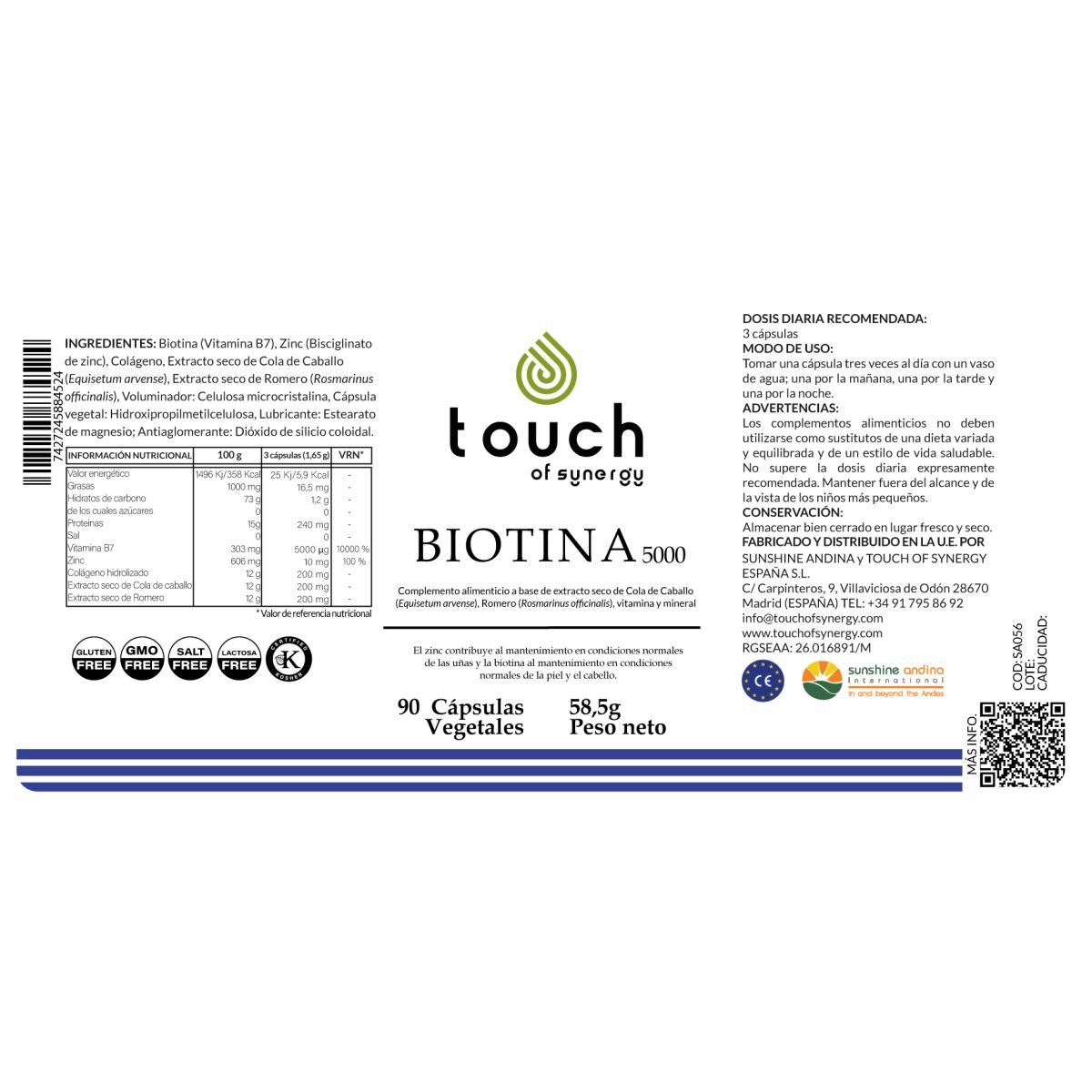 Biotina 5000µg – 90 cápsulas vegetales (Vitamina B7 con colágeno, zinc, y extractos vegetales)