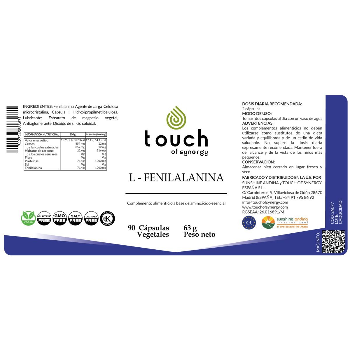 L-Fenilalanina 500mg – 90 cápsulas vegetales (antidepresivo, genera dopamina)