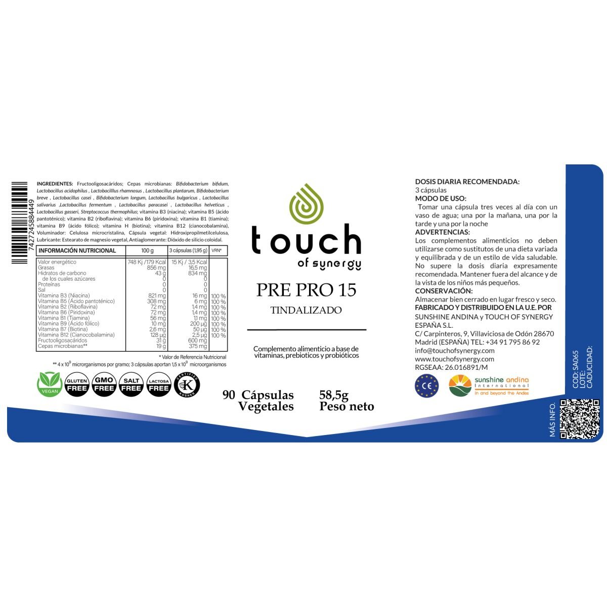 Pre-Pro 15 Prebióticos y Probióticos – 90 cápsulas vegetales (tindalizado)