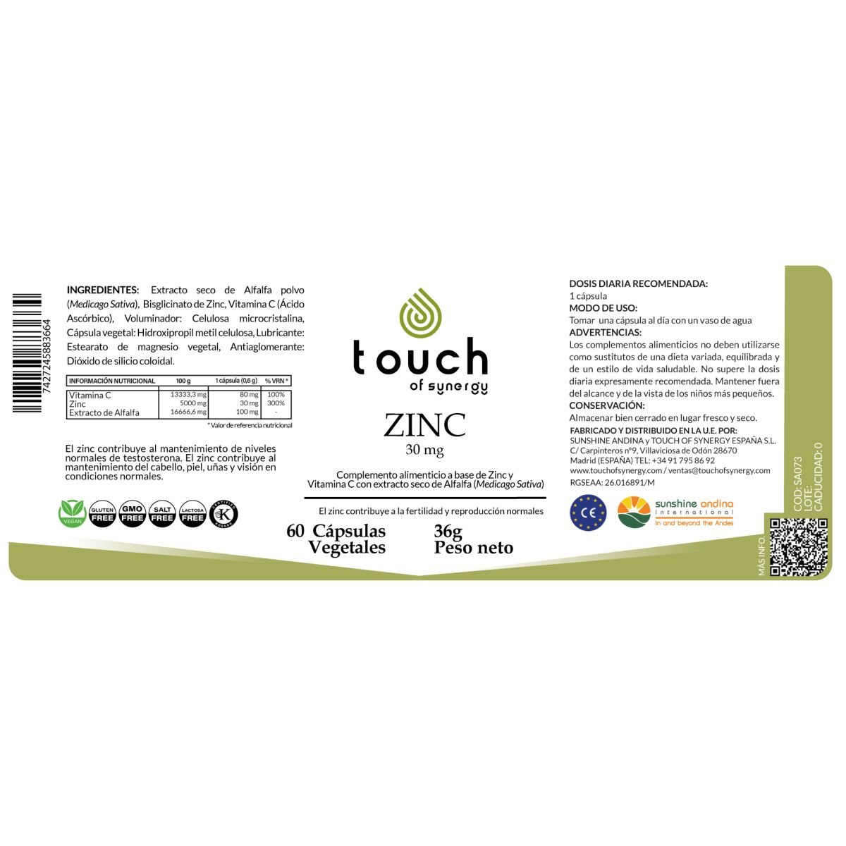 Zinc 30 mg – 60 cápsulas vegetales
