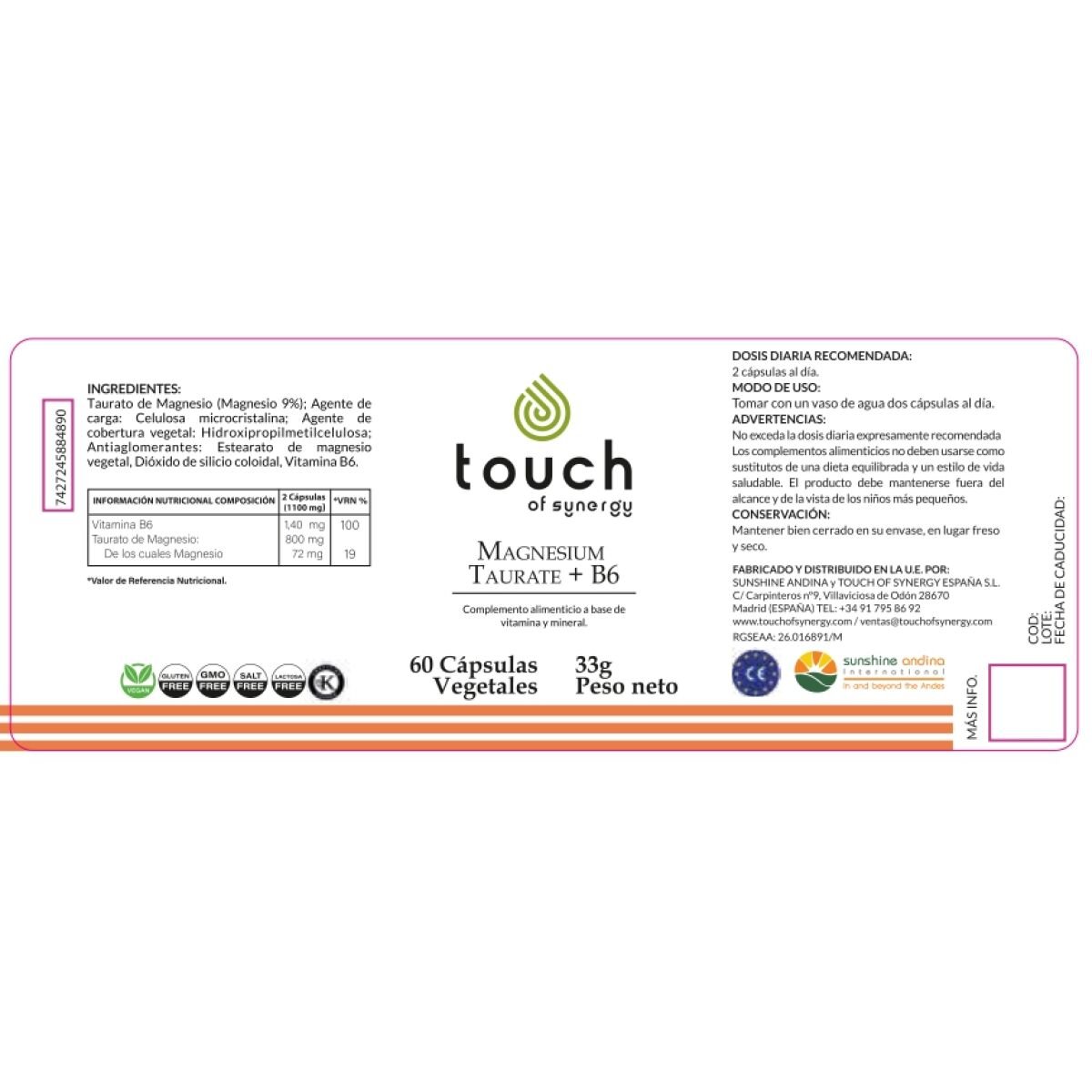 Taurato de magnesio +B6 60 cáps (mejora la calidad del sueño y funciones cerebrales)