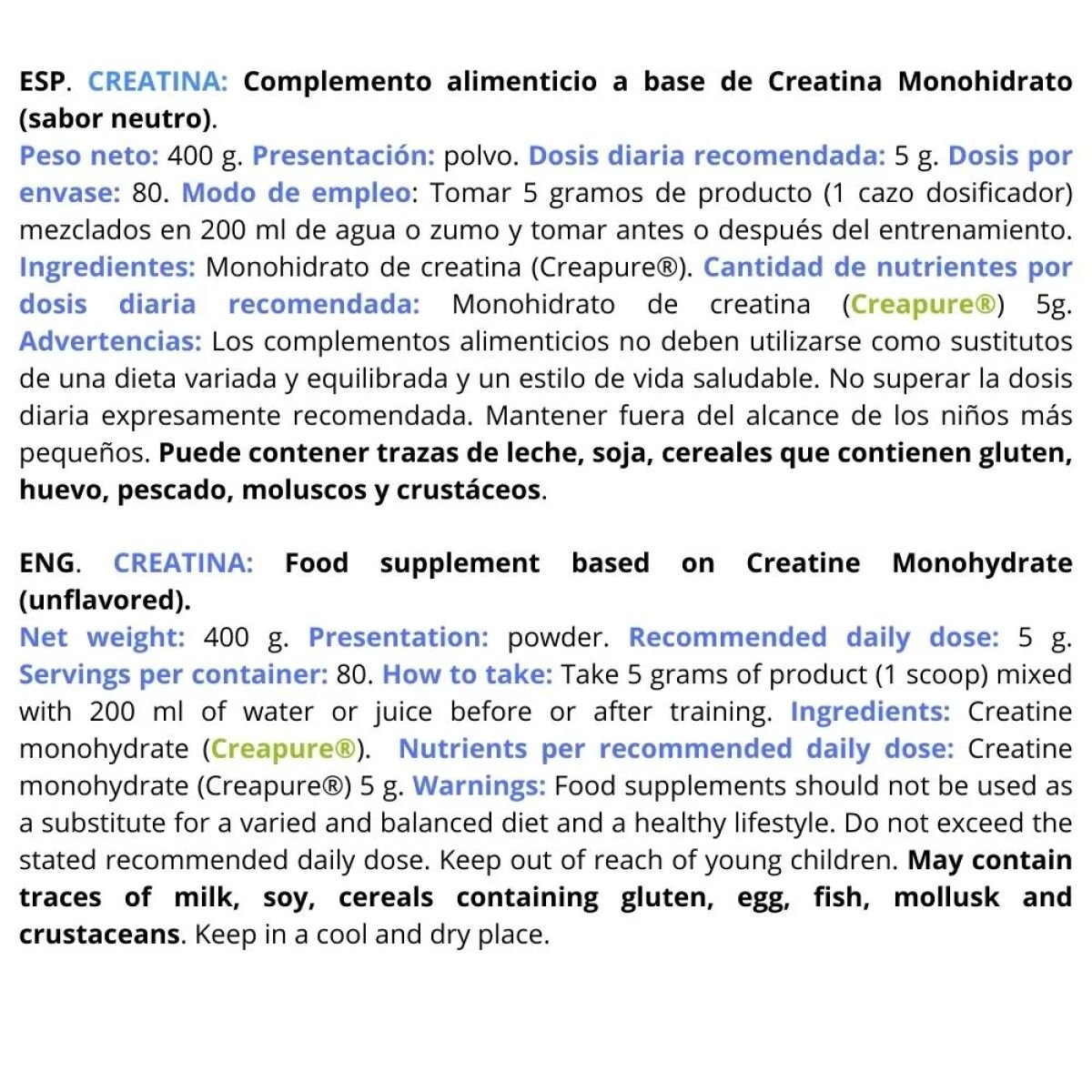 CREATINA MONOHIDRATADA 100% (Creapure®) 400GR - Imagen 2