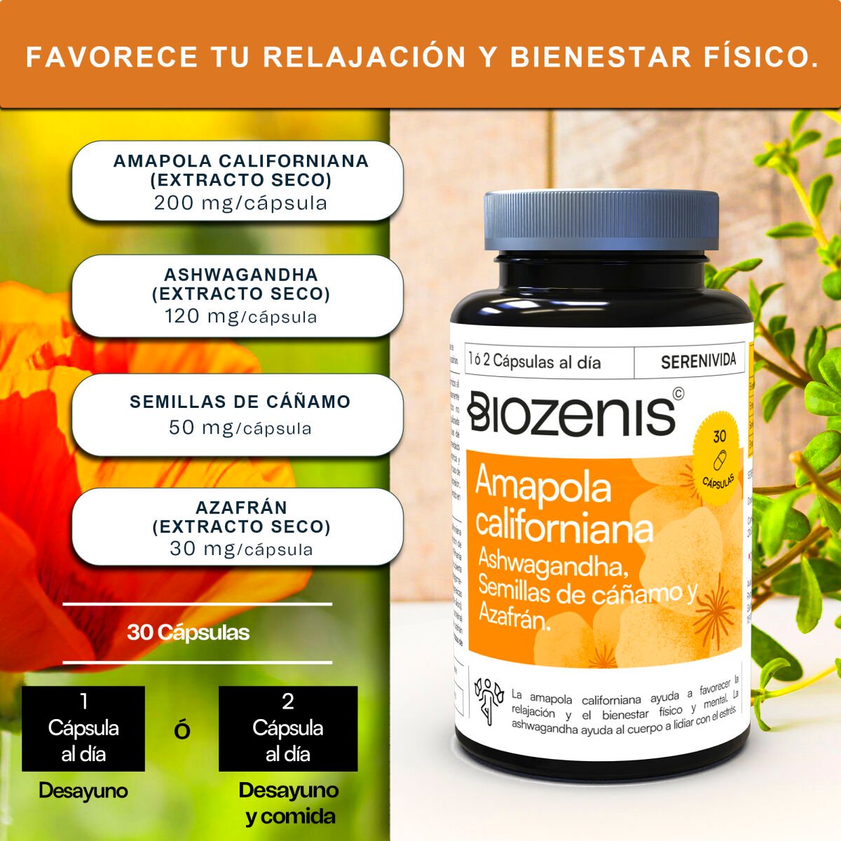 Serenivida – Amapola Californiana, Ashwagandha, Cáñamo y Azafrán – 30 cápsulas - Imagen 4