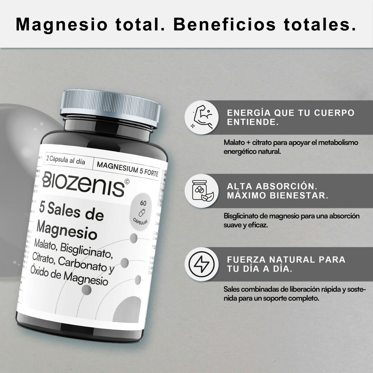 Magnesium 5 Forte – 5 Sales de Magnesio: Malato, Bisglicinato, Citrato, Carbonato y Óxido - Imagen 2