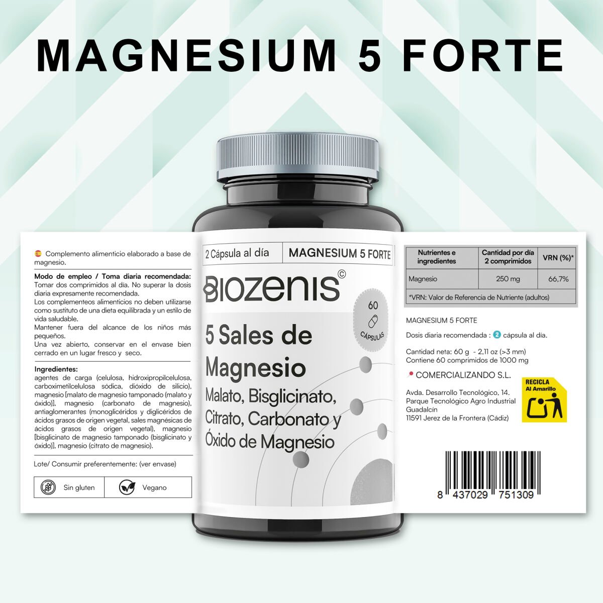 Magnesium 5 Forte – 5 Sales de Magnesio: Malato, Bisglicinato, Citrato, Carbonato y Óxido - Imagen 5