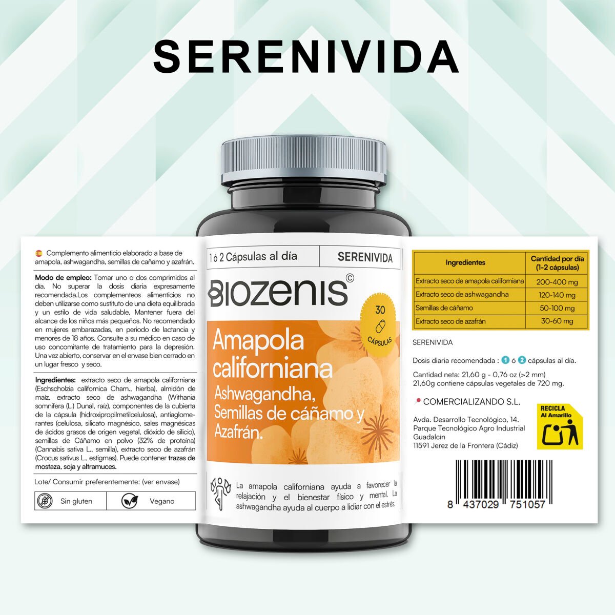 Serenivida – Amapola Californiana, Ashwagandha, Cáñamo y Azafrán – 30 cápsulas - Imagen 2