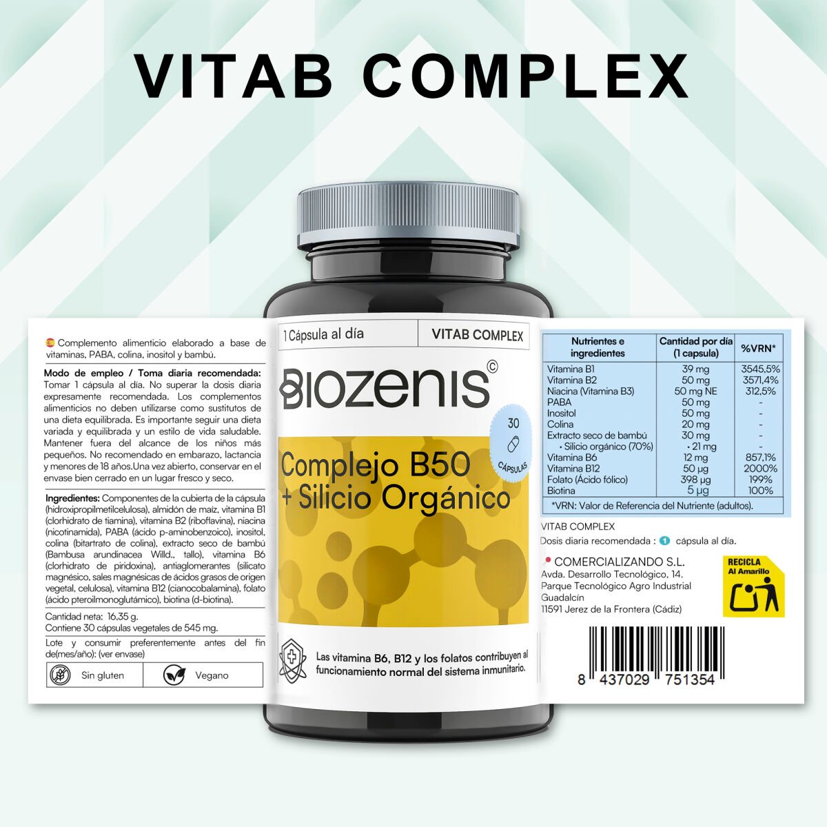 VitaB Complex – Complejo de Vitaminas B con PABA, Colina, Inositol, Bambú y Biotina – 30 cápsulas - Imagen 6